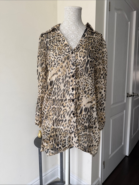 Tops - Leopard Print Button-Up Tunic Blouse - Beige, Black